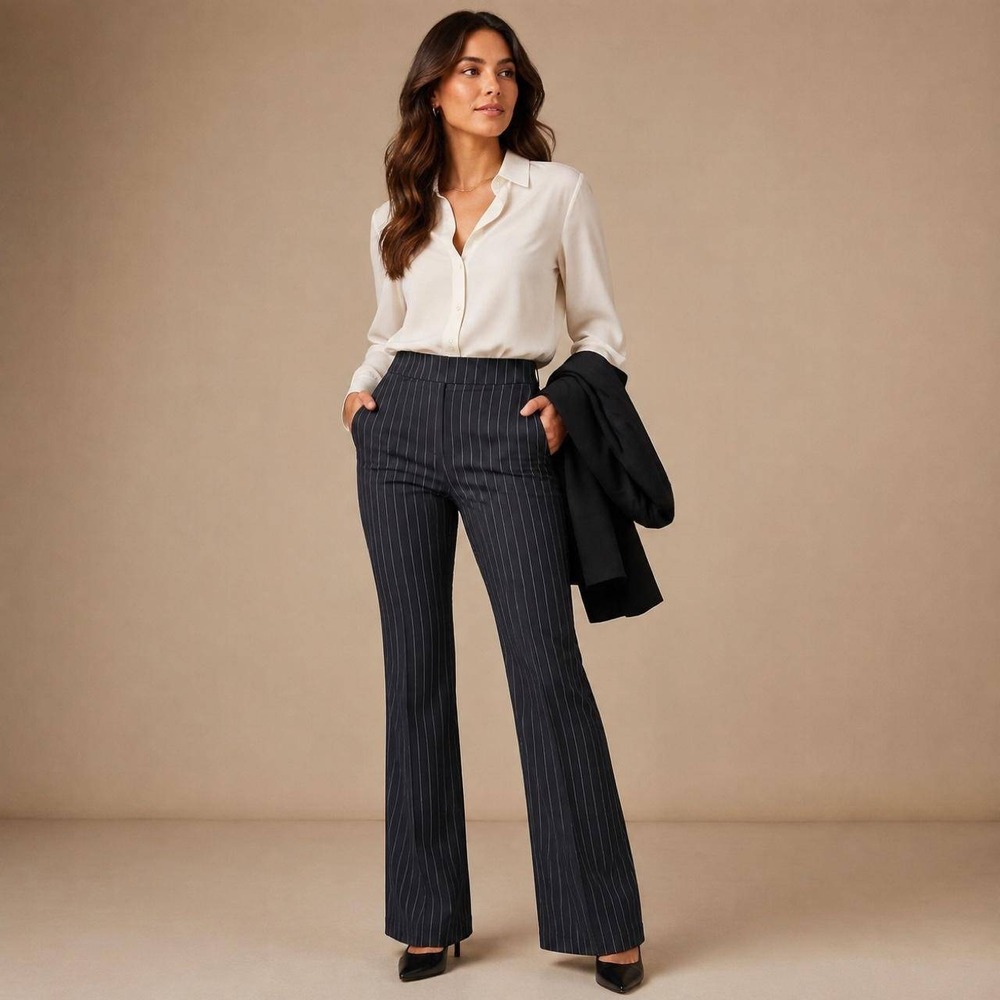 White House Black Market Legacy Flare Leg Pinstripe Trousers Black Size 2 NWT